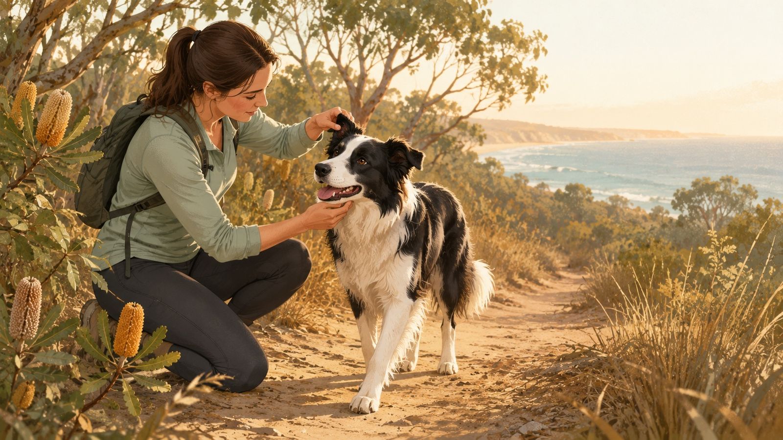 An owner kneels on a coastal bush trail checking her border collie's neck and ears for ticks, banksia and ocean in the background