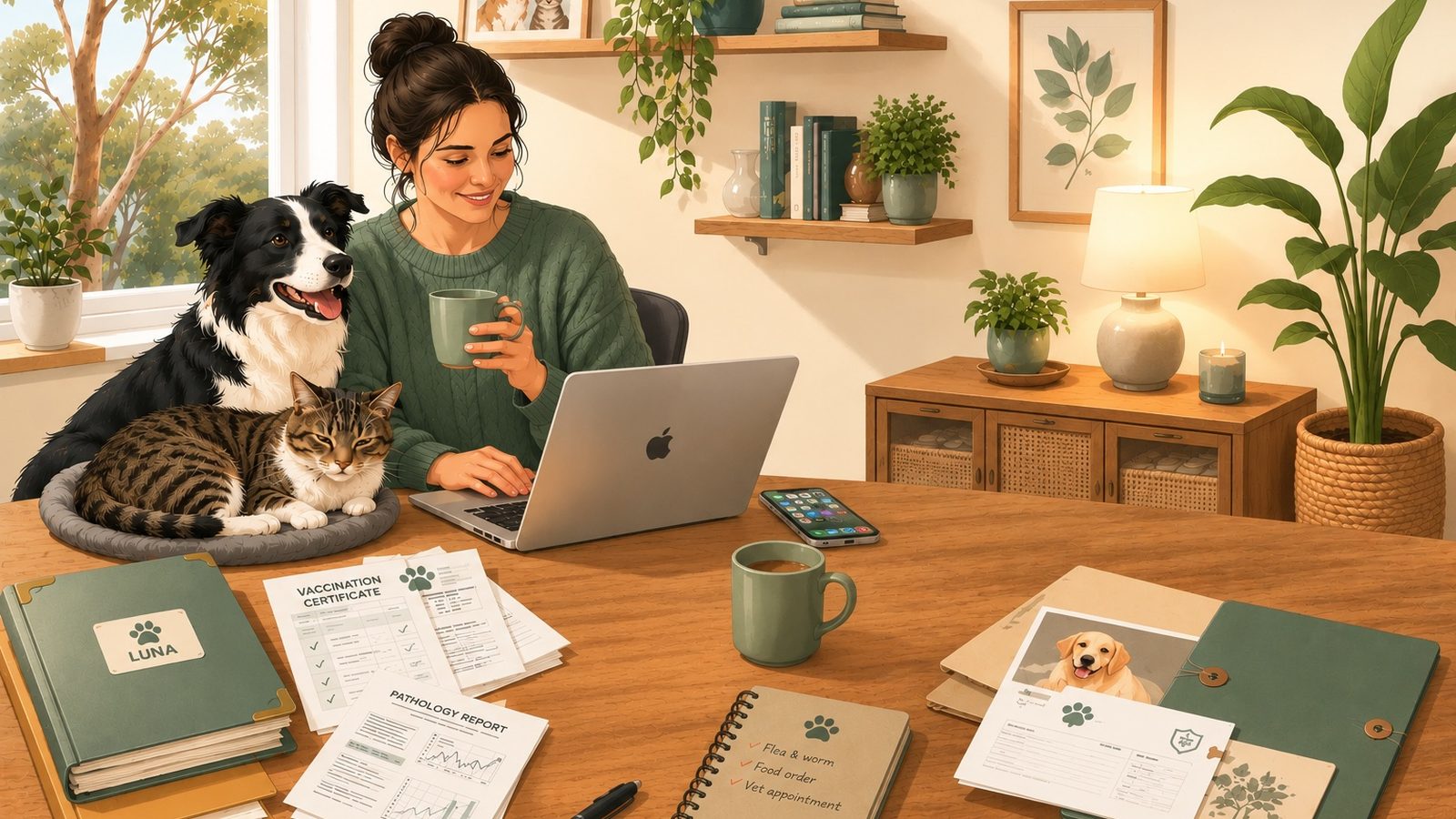 An owner organises pet health records on a MacBook, her border collie and tabby cat beside her and vaccination certificates spread across the table
