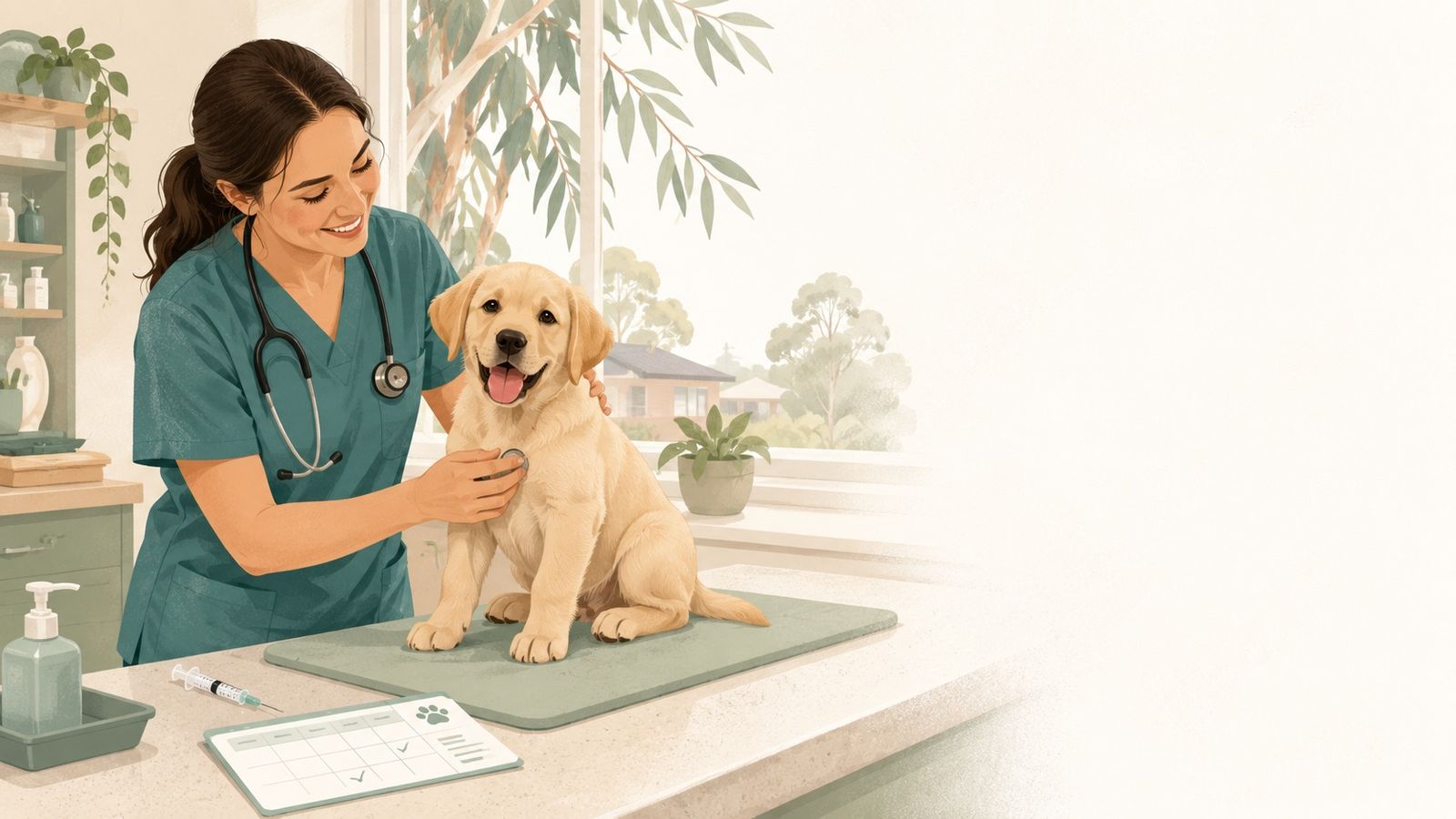 A veterinarian gently examines a Labrador puppy on a clinic table, with a vaccination card and syringe nearby